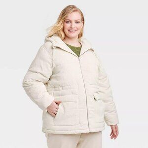 Universal Thread Womens Warmest Hooded Corduory Puffer Jacket Ivory 1X
